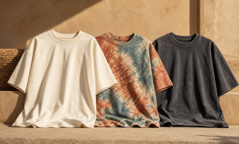 Plain, tie-dye and acid-washed heavyweight T-shirts representing Fanaze collections