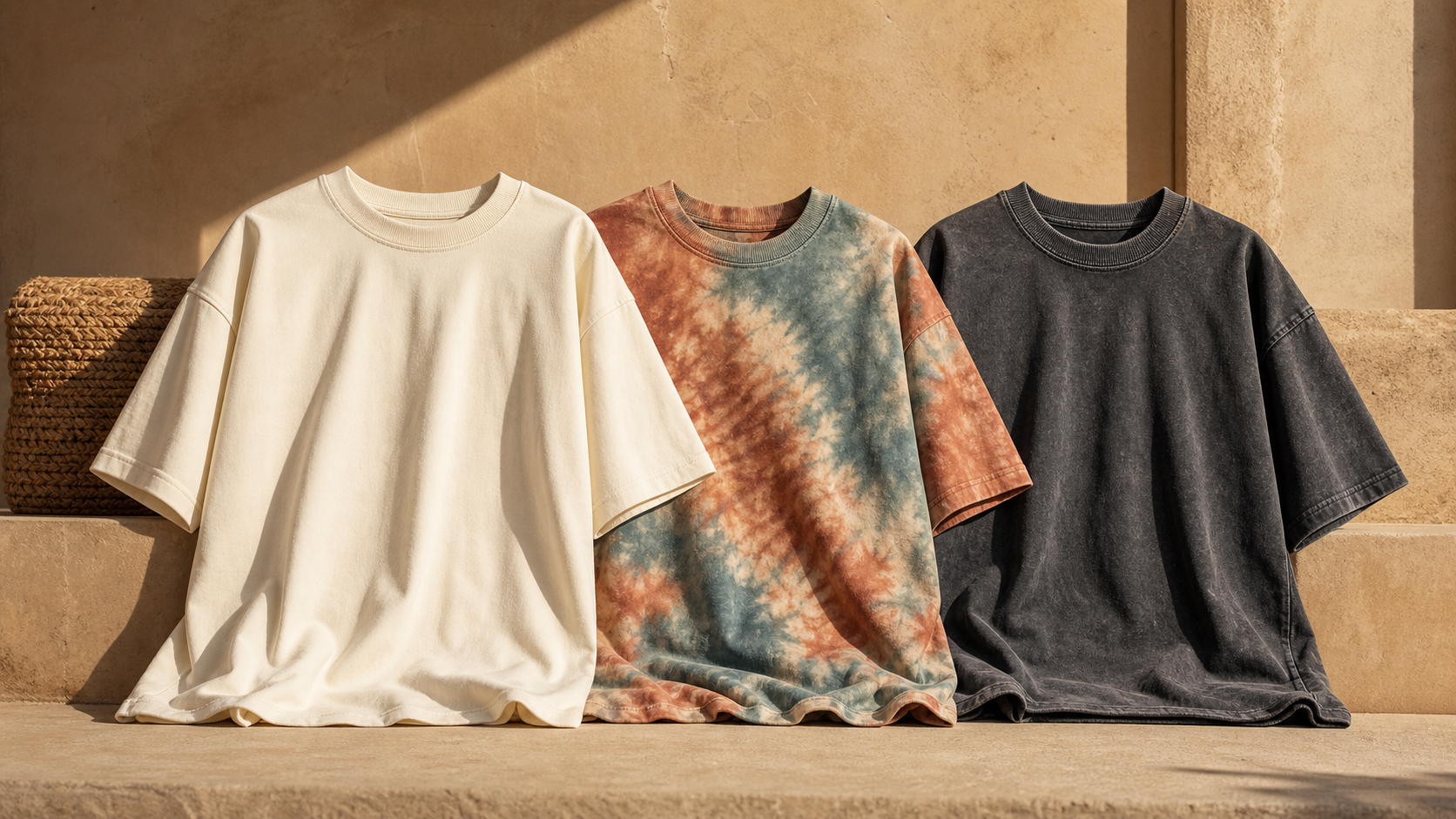 Plain, tie-dye and acid-washed heavyweight T-shirts representing Fanaze collections