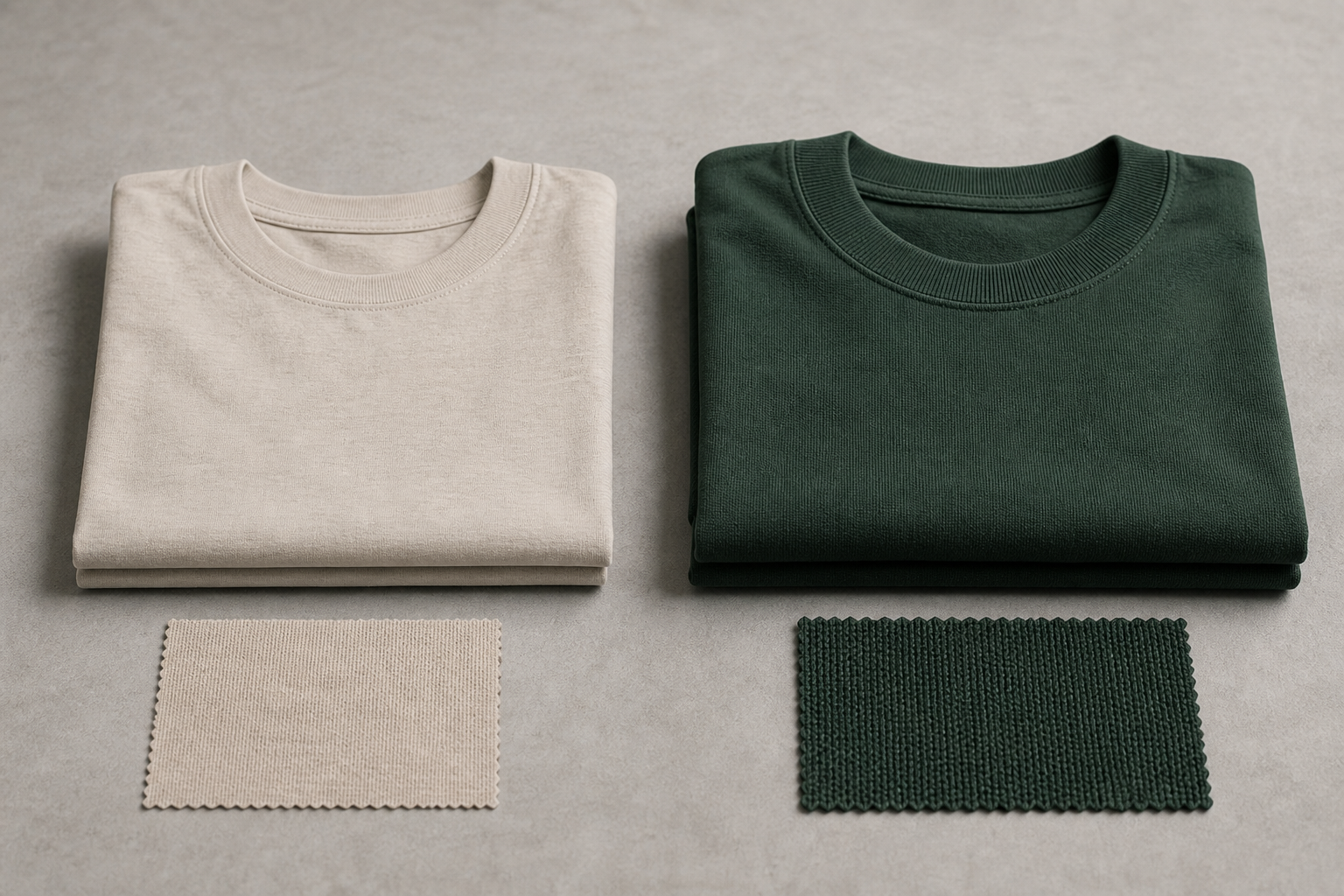 Lightweight and heavyweight T-shirts with fabric swatches comparing cotton GSM